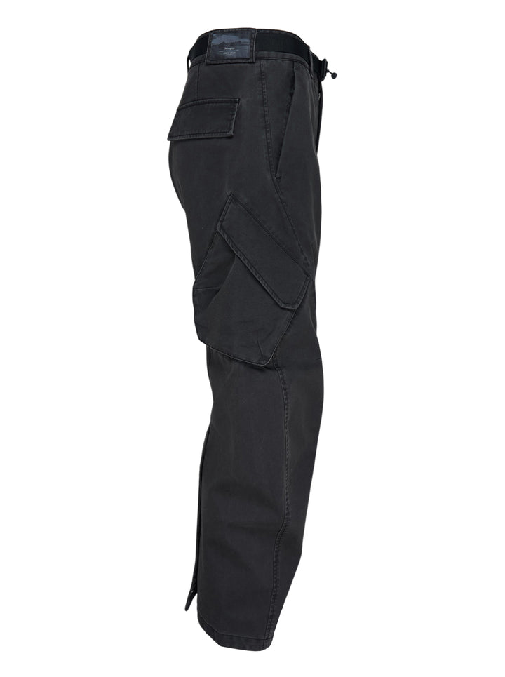 Jiyong Kim washed black multi-pocket cargo trousers with curved wide-leg silhouette, flap pockets and black buckle belt, shown front view - view 3
