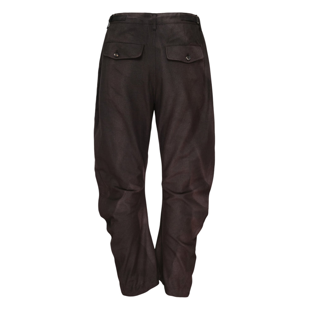 JiyongKim Sun-Bleached Twisted Trousers in dark brown, flat lay showing rope-knotted waistband, twisted leg construction, and gathered hem drape - view 2