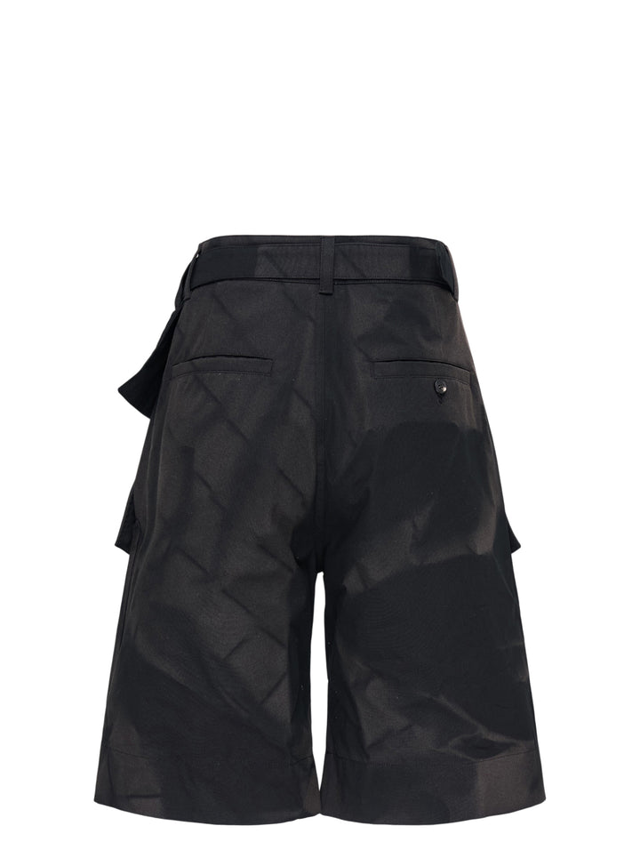 JiyongKim sun-bleached black shorts with belted waist, detachable zip pocket and oversized flap cargo pockets - view 2