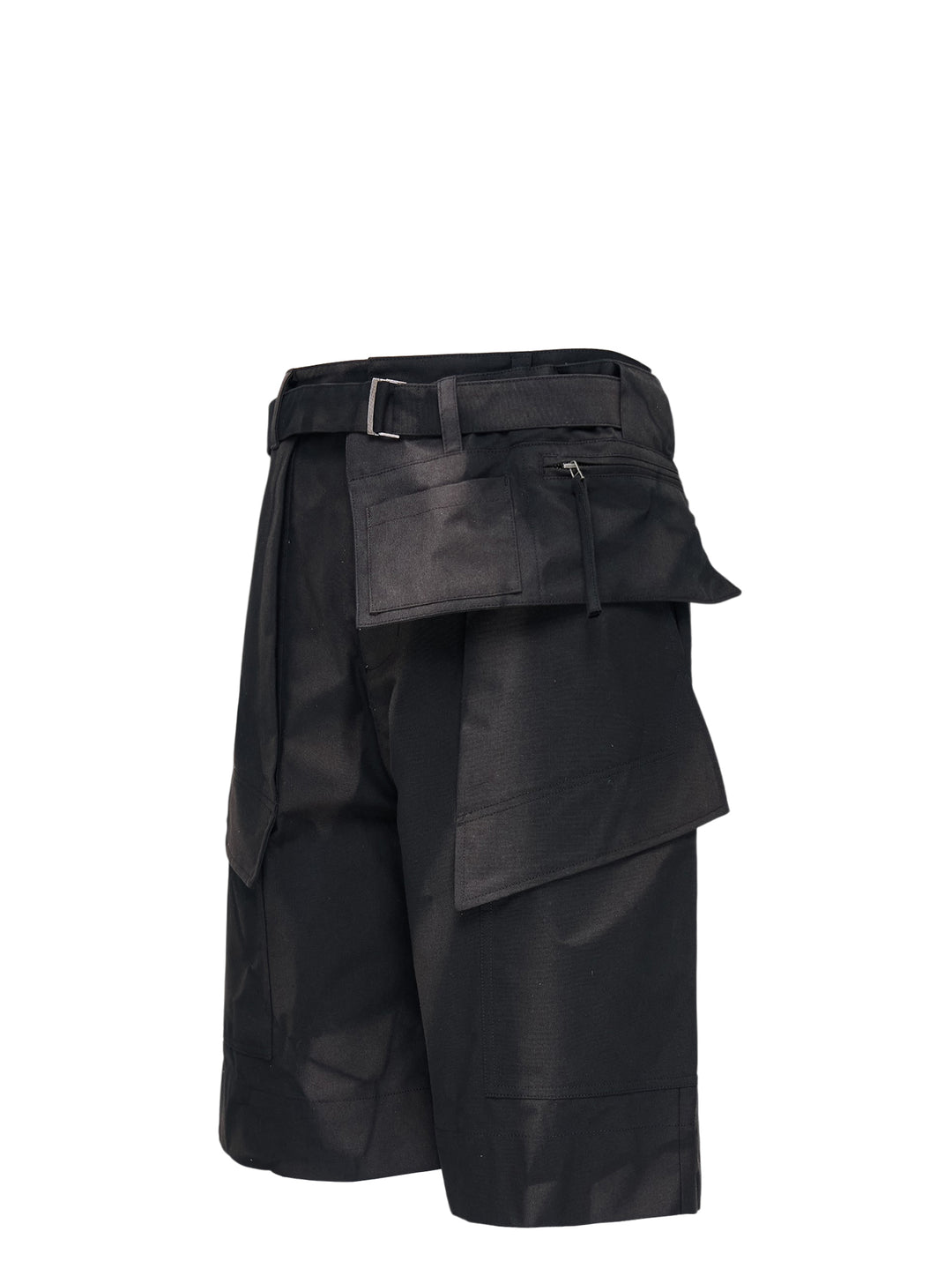 JiyongKim sun-bleached black shorts with belted waist, detachable zip pocket and oversized flap cargo pockets - view 3