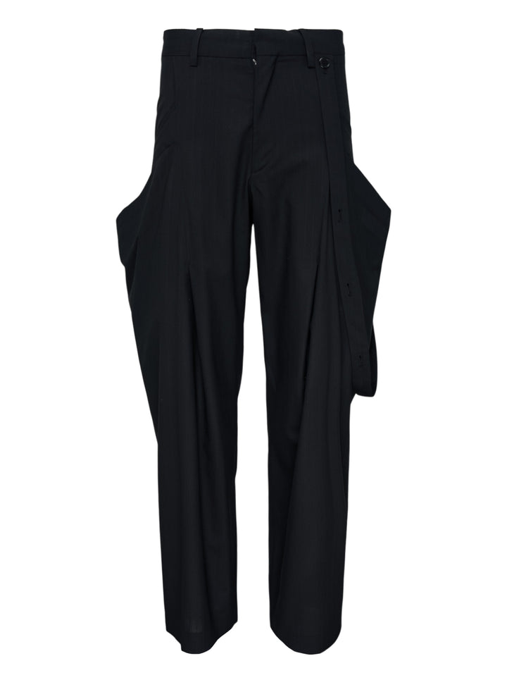 JiyongKim black Layered Panel Trousers with draped buttoned panel and sculpted side volume, shown from the front
