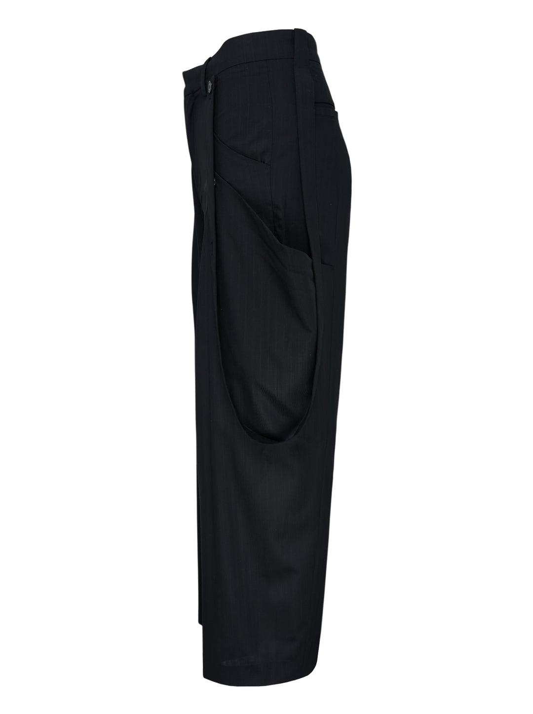 JiyongKim black Layered Panel Trousers with draped buttoned panel and sculpted side volume, shown from the front - view 3