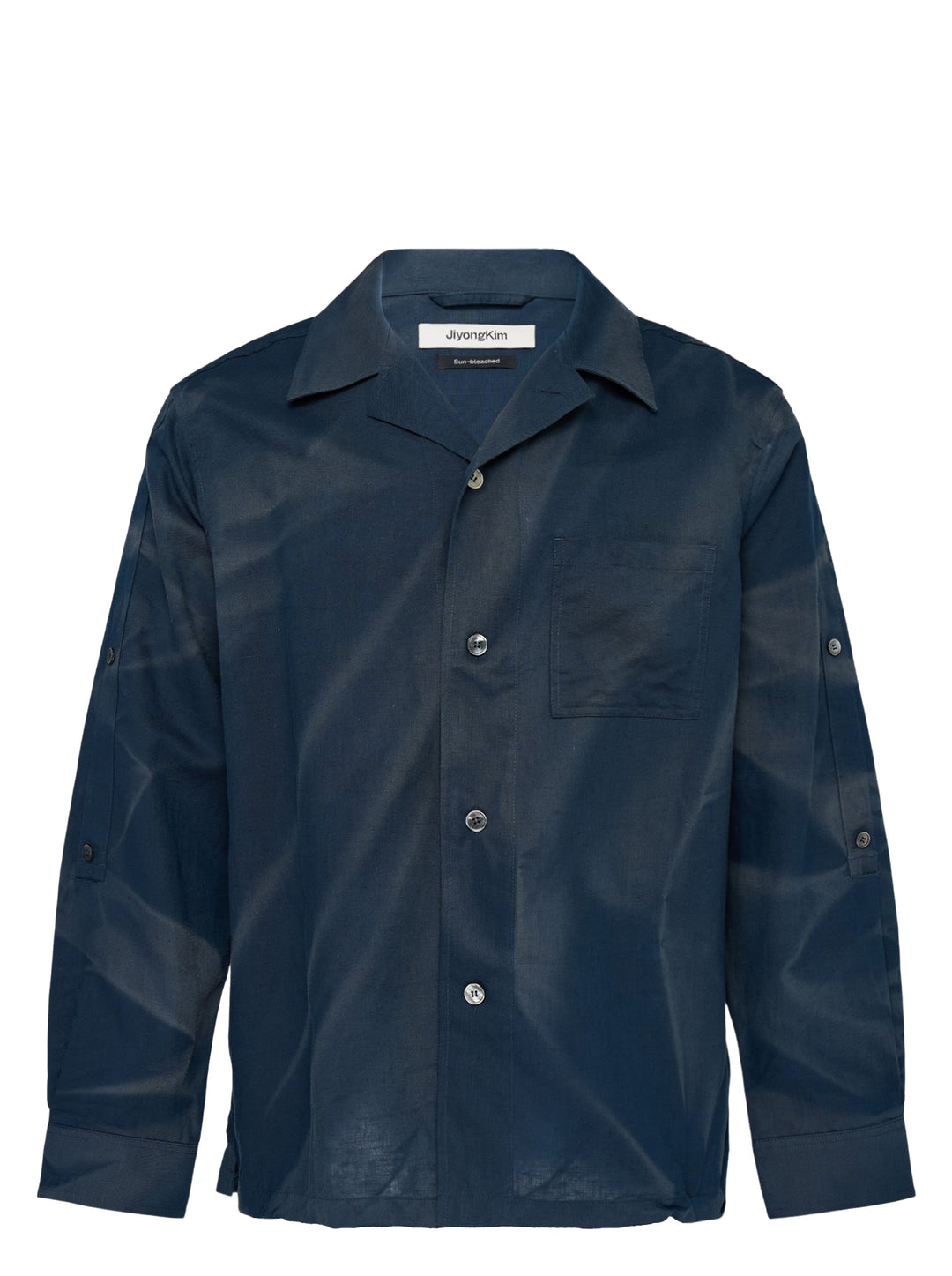 JiyongKim Sun-Bleached Strap Shirt in navy with camp collar, chest pocket and button sleeve straps, shown from the front