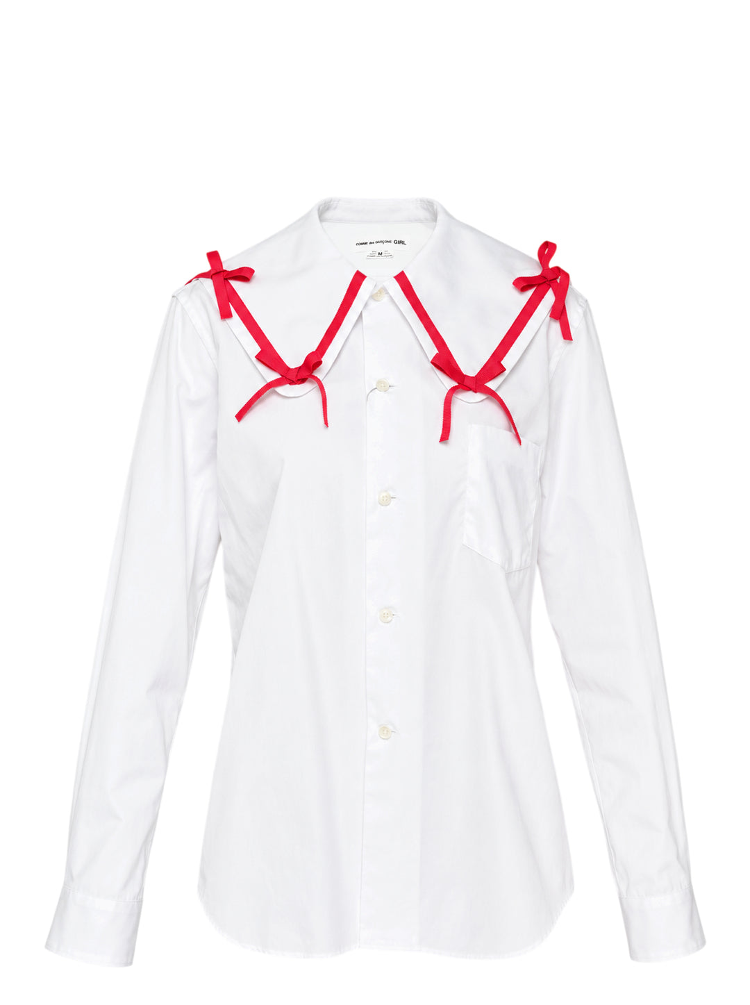 Comme des Garçons Girl white straight cut blouse with oversized collar trimmed in red grosgrain ribbon bows, shown from the front