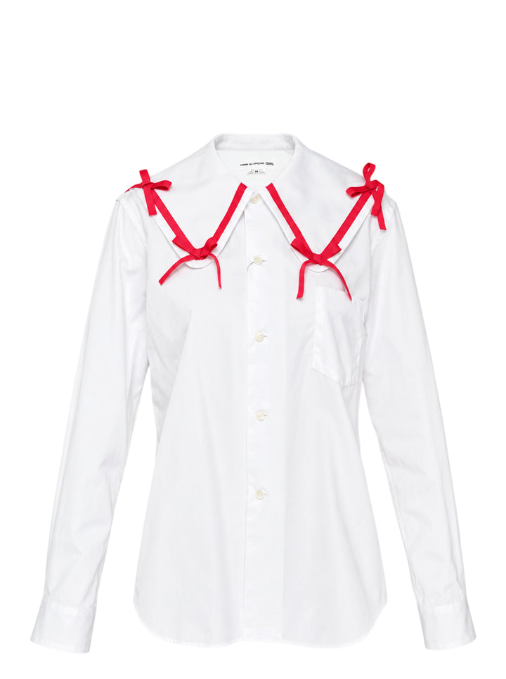 Comme des Garçons Girl white straight cut blouse with oversized collar trimmed in red grosgrain ribbon bows, shown from the front