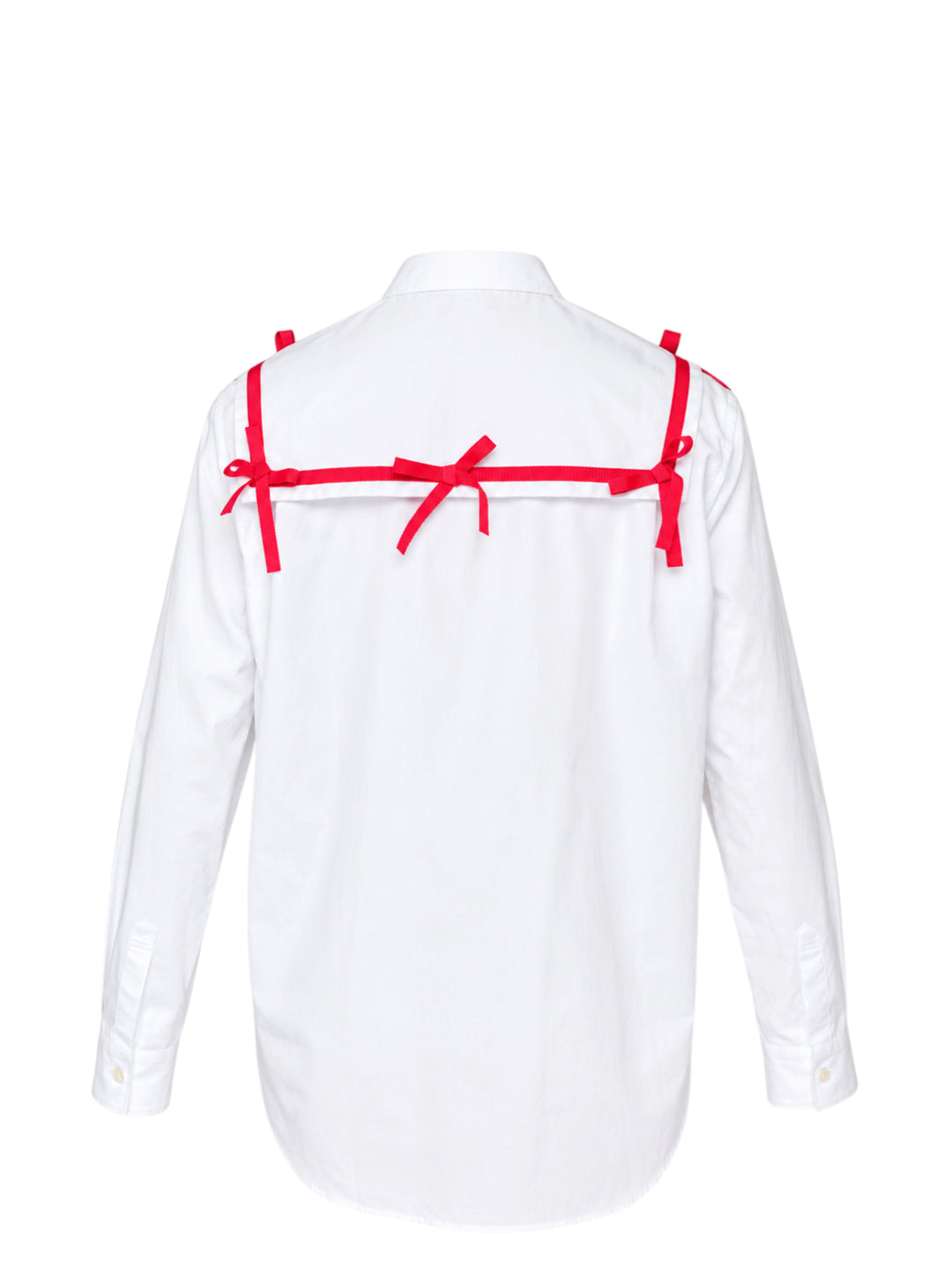 Comme des Garçons Girl white straight cut blouse with oversized collar trimmed in red grosgrain ribbon bows, shown from the front - view 2