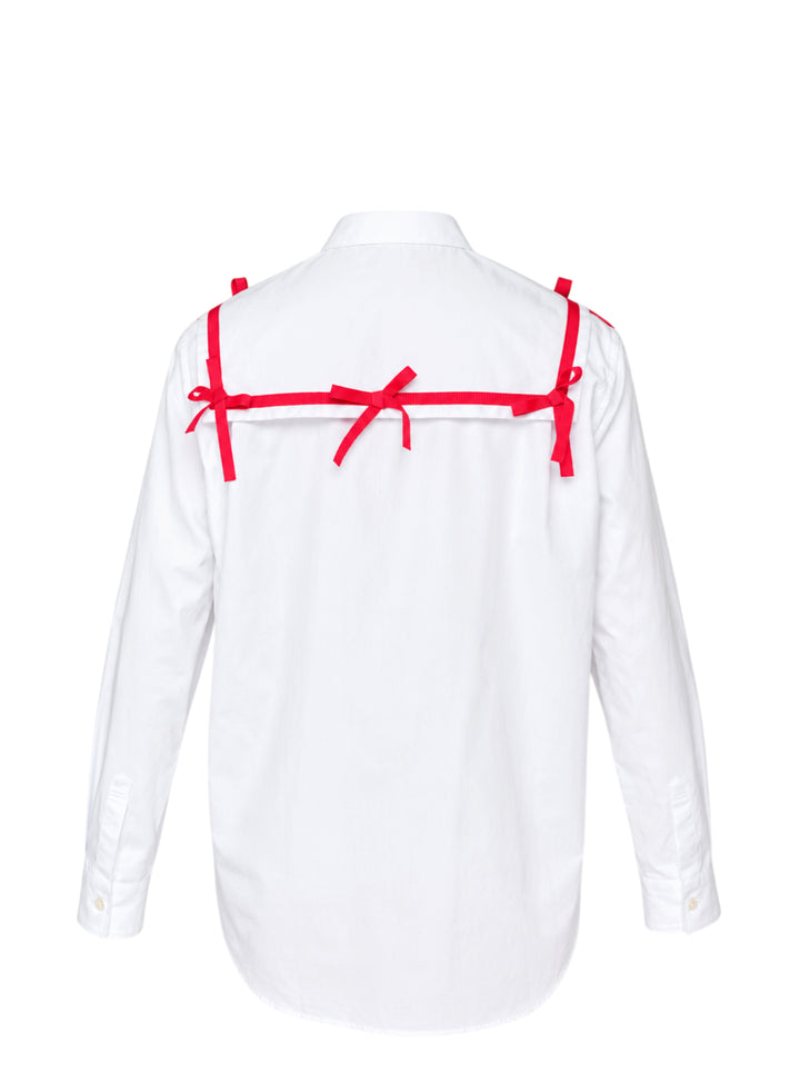 Comme des Garçons Girl white straight cut blouse with oversized collar trimmed in red grosgrain ribbon bows, shown from the front - view 2
