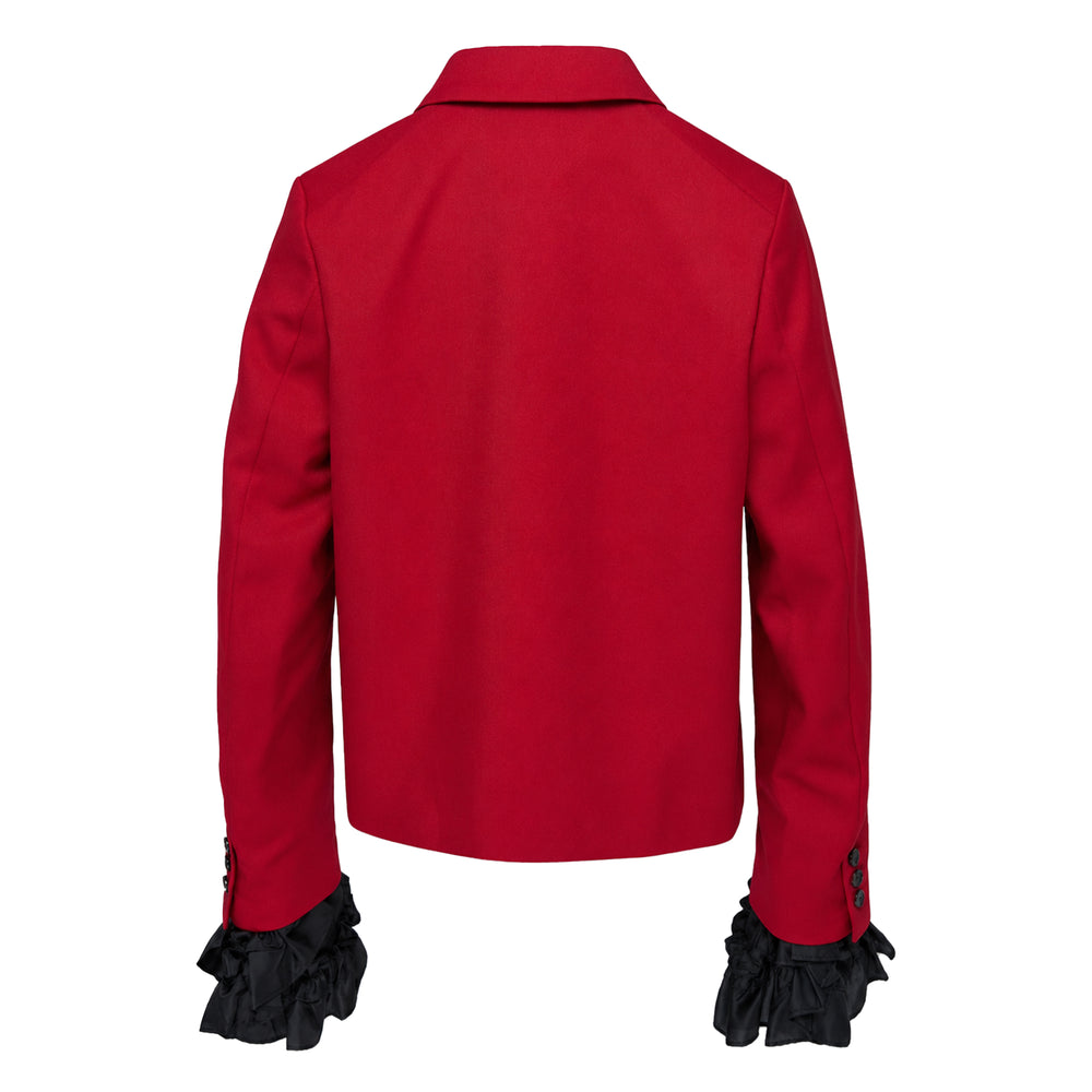 Comme des Garçons Girl red tailored jacket with peter pan collar, five-button front closure, hip flap pockets, and dramatic black taffeta ruffle cuffs, photographed flat on a white background