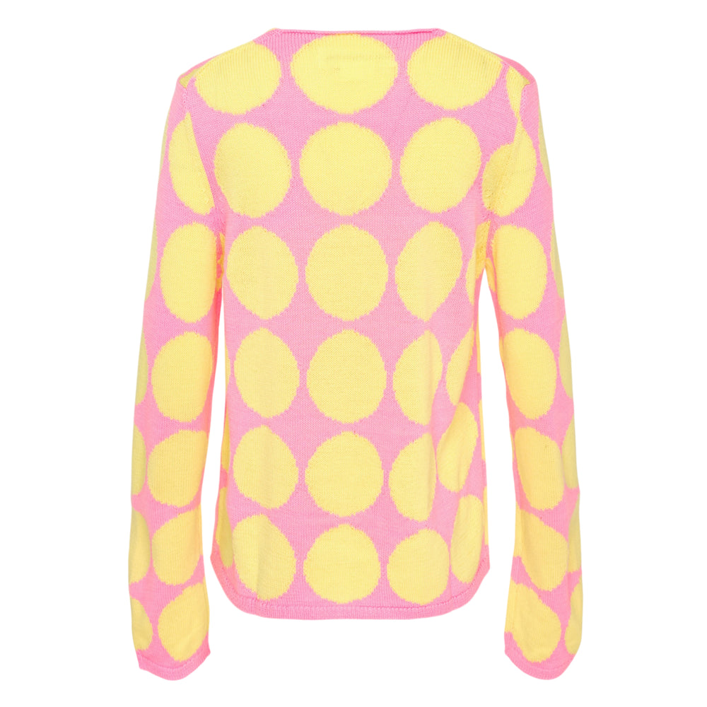 Comme des Garçons Girl pink and yellow oversized dot intarsia knit pullover with crew neckline and long sleeves, shown flat on white background