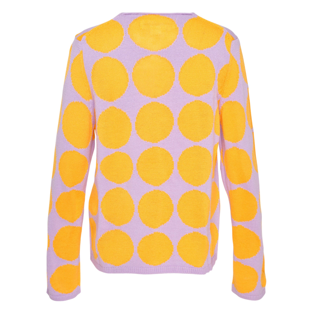 Comme des Garçons Girl pink and yellow oversized dot intarsia knit pullover with crew neckline and long sleeves, shown flat on white background
