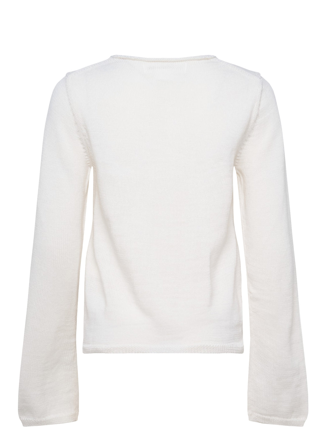 Comme des Garçons Girl ivory long sleeve fine knit top with 3D crochet unicorn appliqué in white and pink on the chest, crew neckline, flat lay on white background - view 2