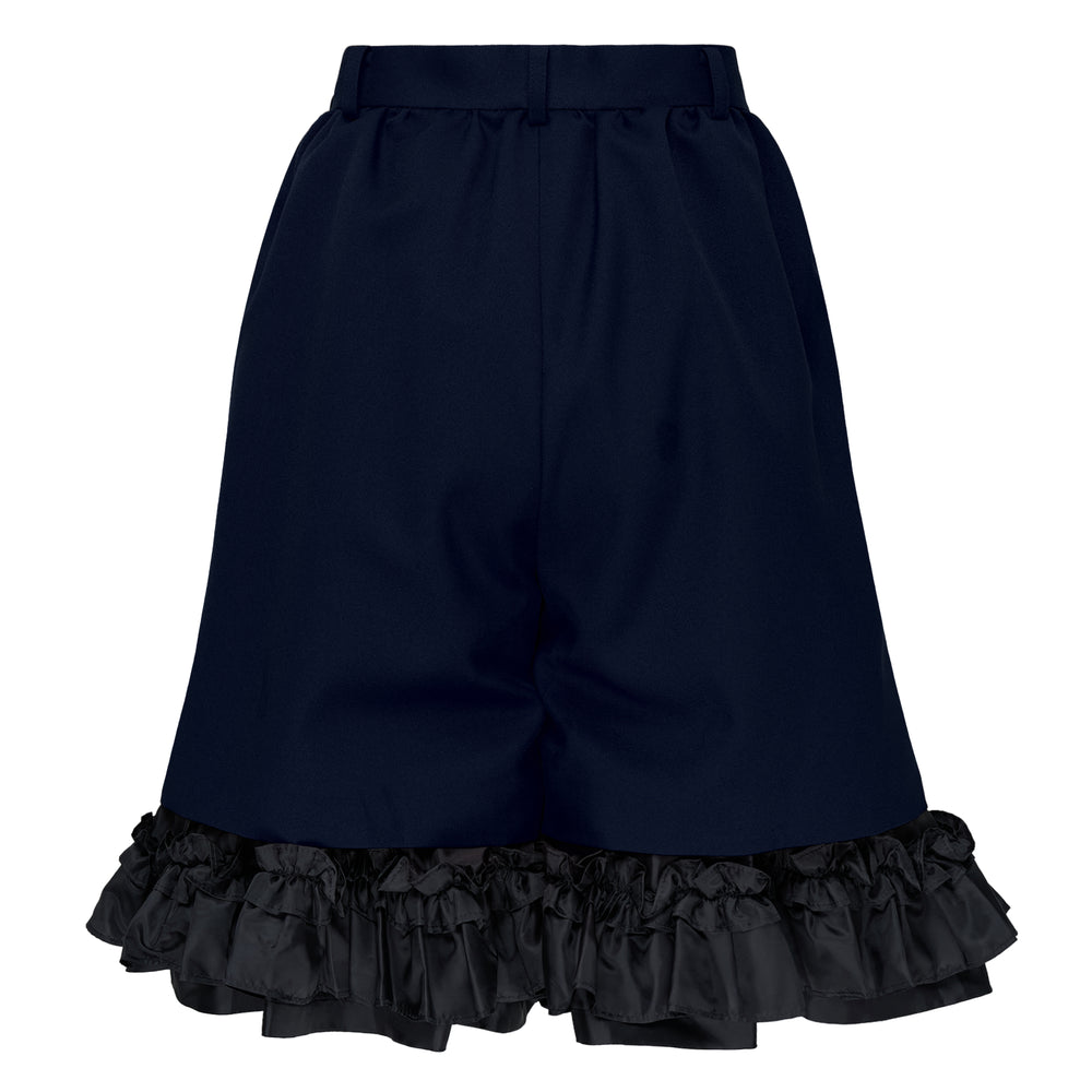 Comme des Garçons black wide-leg pants with elastic gathered waistband and fluid midi-length silhouette, displayed flat on white background