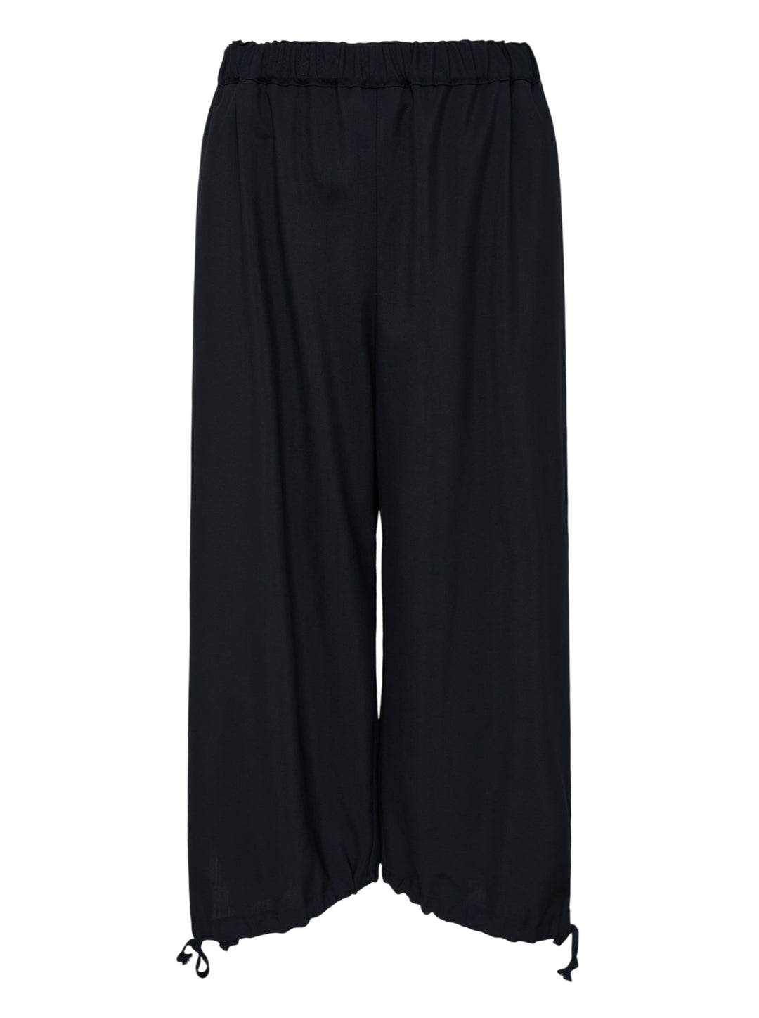 Black cropped wide-leg wool pants with an elasticated waistband and drawstring tie hems by Comme des Garçons Girl