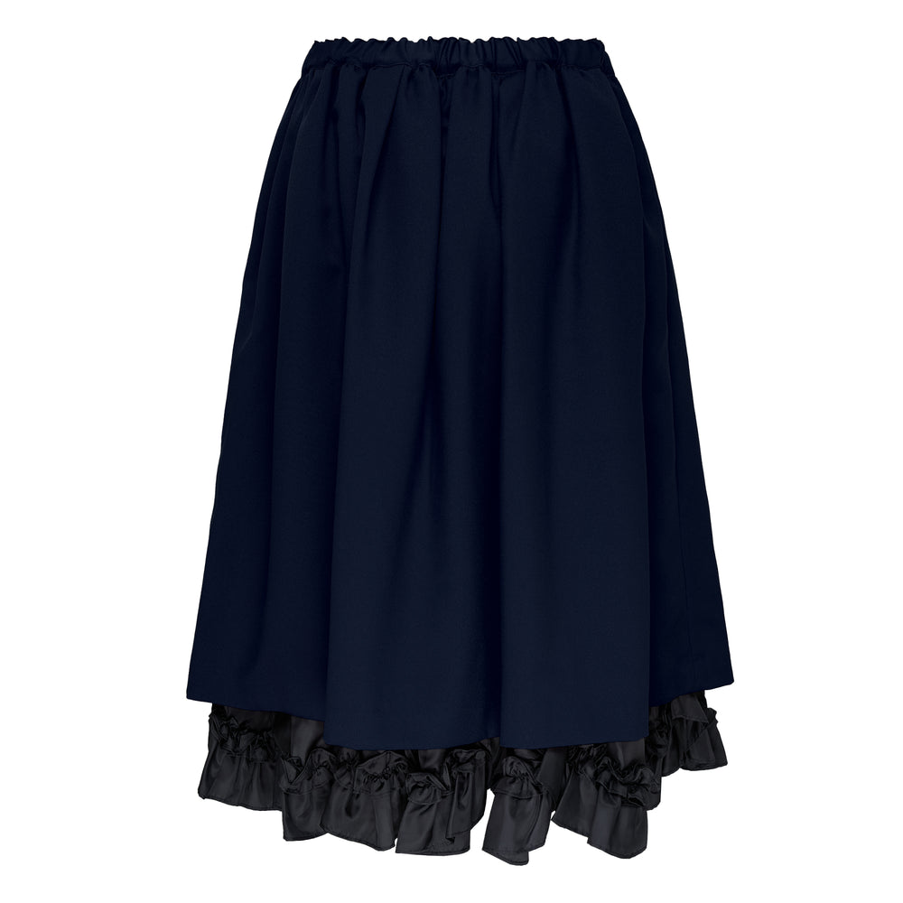 Comme des Garçons black pleated drawstring midi skirt with gathered elasticated waist and contrasting satin-finish hem border, displayed flat on a white background