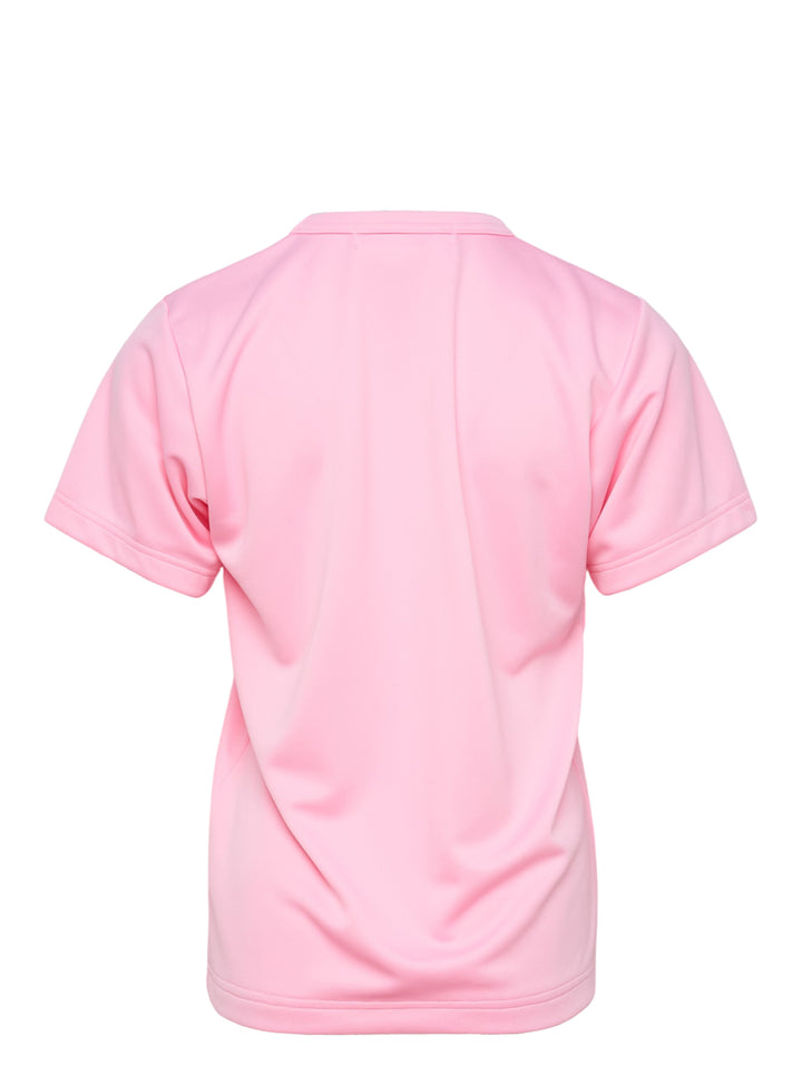 Comme des Garçons Girl pink short sleeve tee with multiple ribbon bows scattered across the chest, relaxed boxy fit with turned-back cuffs and ribbed hem - view 2