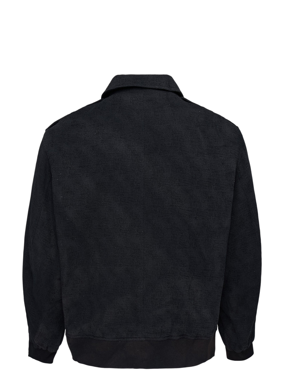 Jiyongkim black sun-bleached oversized blouson jacket with zip front, pointed collar, shoulder epaulettes and ribbed hem - view 2