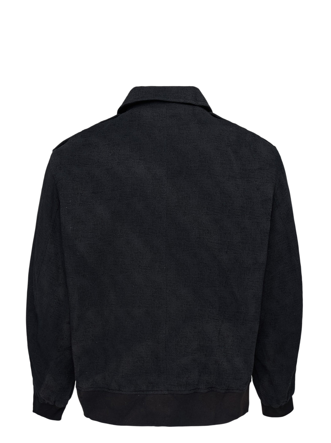 Jiyongkim black sun-bleached oversized blouson jacket with zip front, pointed collar, shoulder epaulettes and ribbed hem - view 2