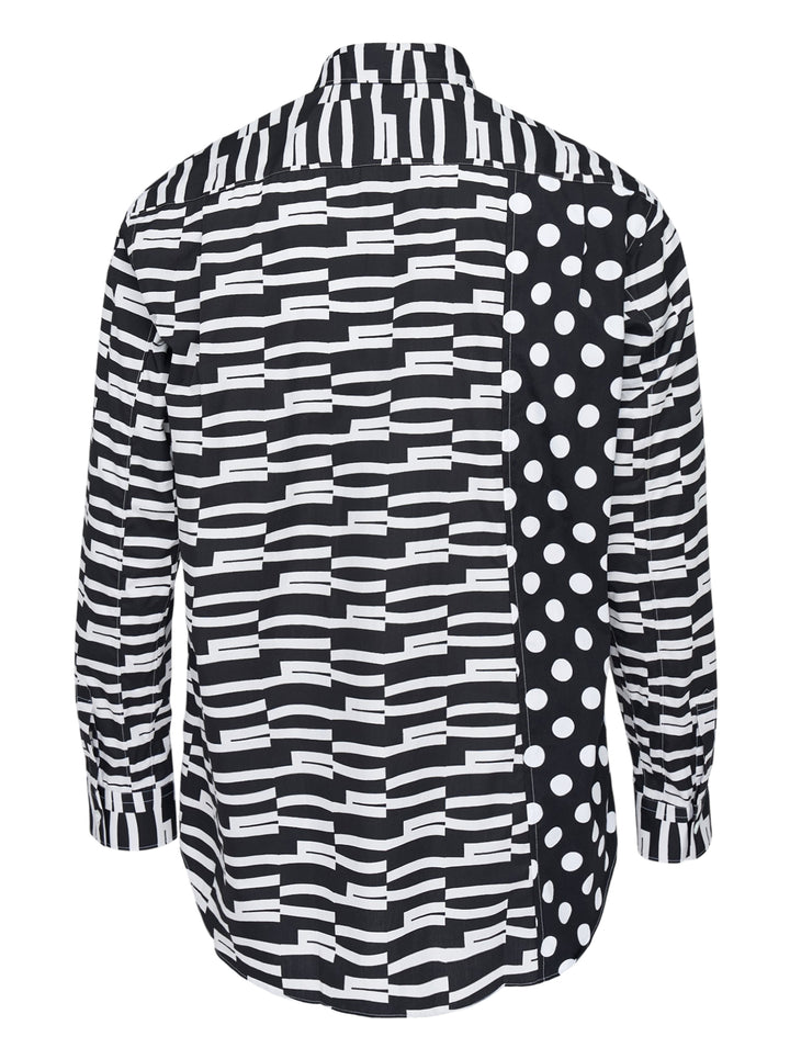Comme des Garçons Shirt long-sleeve button-up in a black and white mixed print of offset graphic stripes with a polka dot panel and chest pocket - view 2