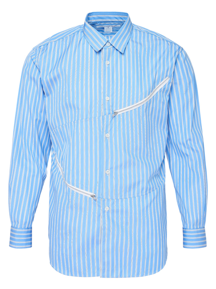 Comme des Garçons Shirt sky blue and white striped button-up shirt with curved seams and white zip detailing across the chest and waist