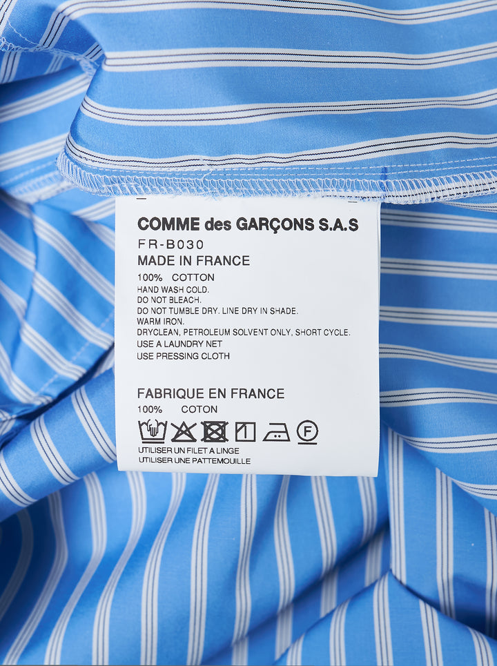 Comme des Garçons Shirt sky blue and white striped button-up shirt with curved seams and white zip detailing across the chest and waist - view 4