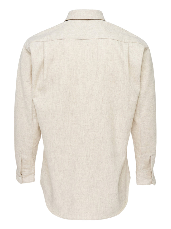 Comme des Garçons SHIRT wool nylon blend button-up shirt in heathered oatmeal with point collar, chest patch pocket and white buttons - view 2
