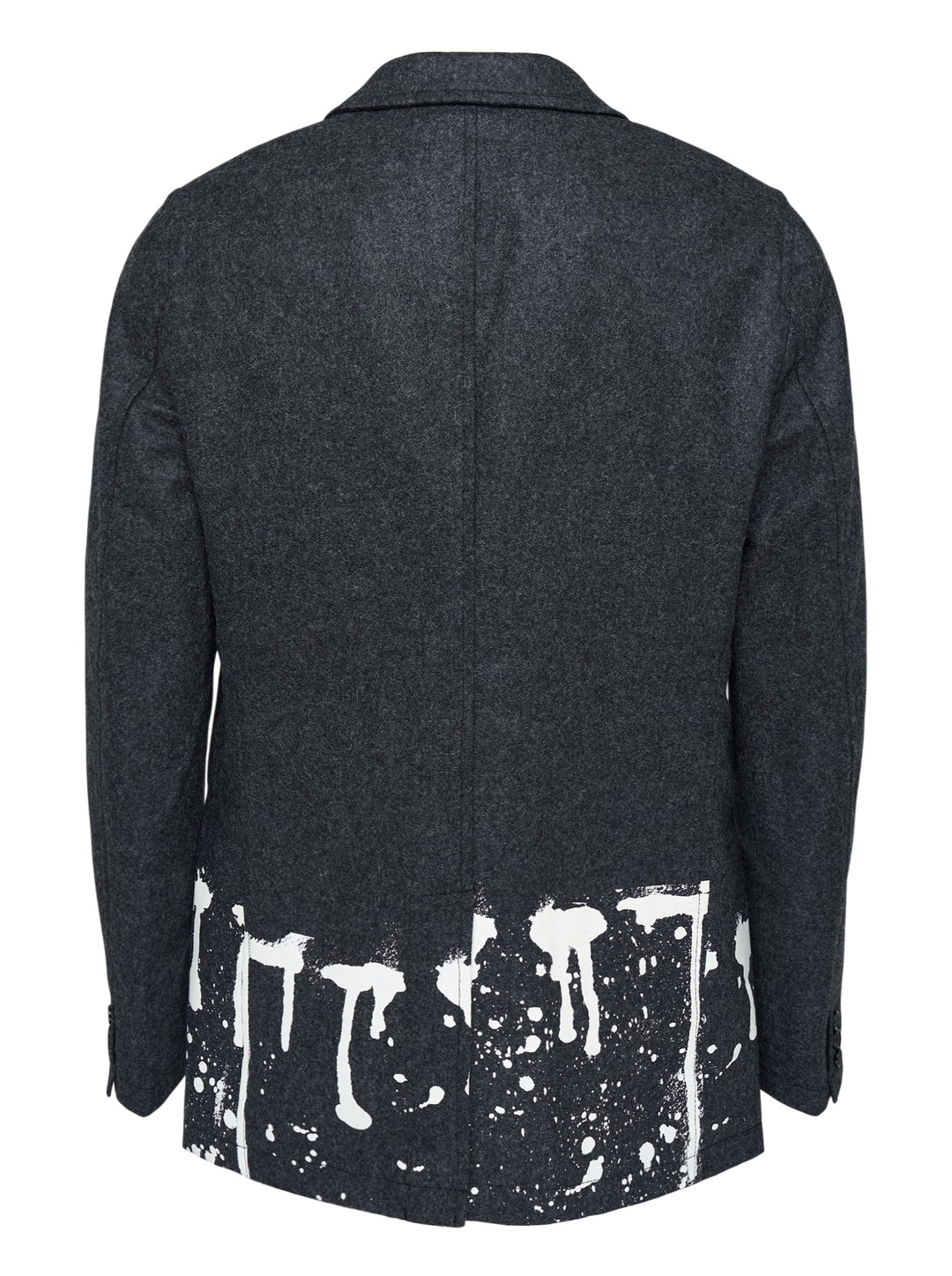 Comme des Garçons Shirt charcoal wool blazer with notched lapels, two-button closure and white paint-drip print along the hem - view 2