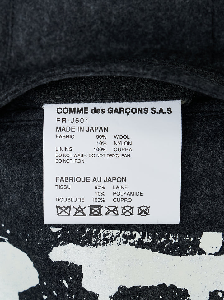 Comme des Garçons Shirt charcoal wool blazer with notched lapels, two-button closure and white paint-drip print along the hem - view 3