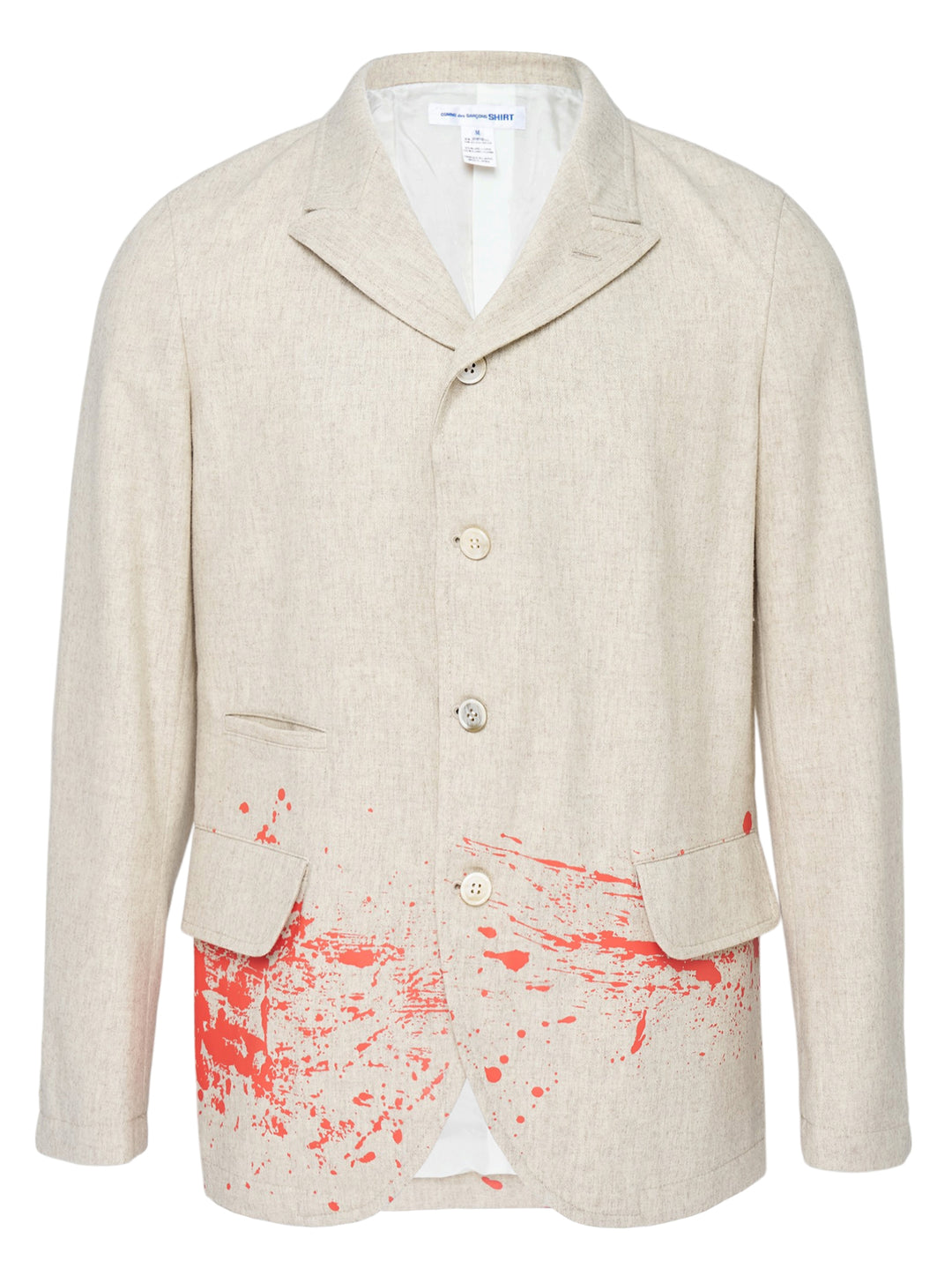 Comme des Garçons Shirt oatmeal single-breasted tailored blazer with red paint-splatter print at the hem