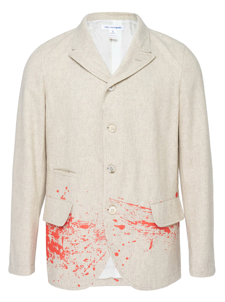 Comme des Garçons Shirt oatmeal single-breasted tailored blazer with red paint-splatter print at the hem