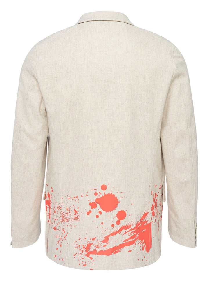 Comme des Garçons Shirt oatmeal single-breasted tailored blazer with red paint-splatter print at the hem - view 2