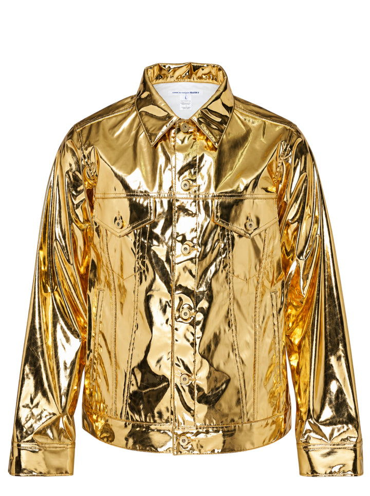 Comme des Garçons Shirt metallic gold trucker jacket with button-through front, chest flap pockets and pointed collar