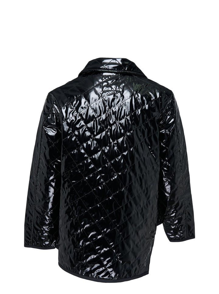 Black lacquered diamond-quilted zip-up jacket with asymmetric zip, collar and patch pockets by Comme des Garçons Shirt x Lavenham - view 2