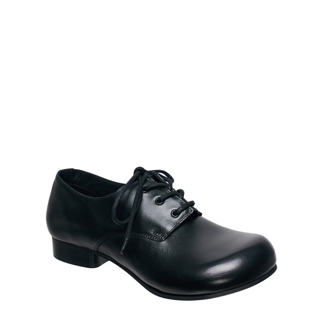 Comme des Garçons Comme des Garçons black leather lace-up Oxford shoe with sculptural round toe and low block heel, side profile view - view 2