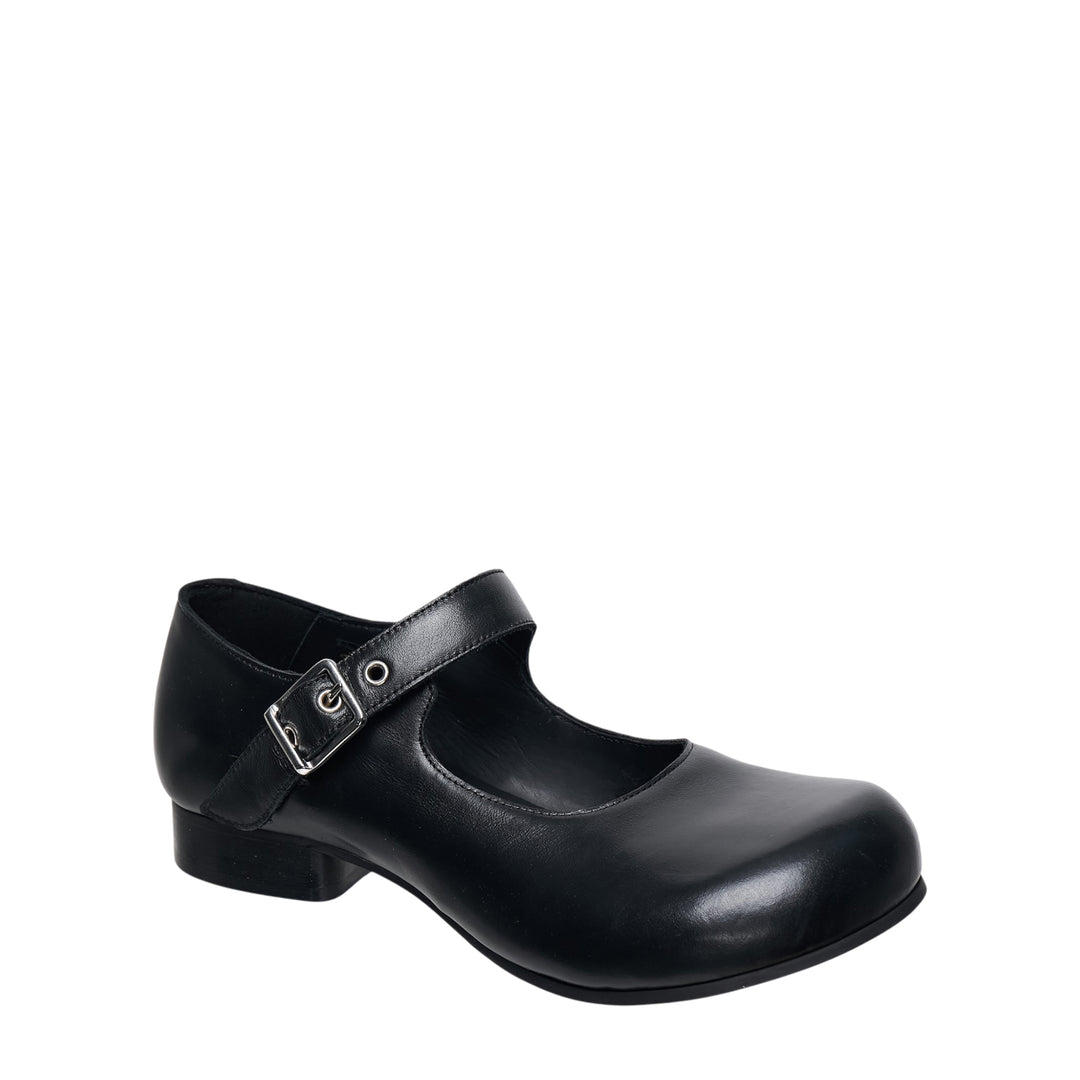 Comme des Garçons Comme des Garçons black leather Mary Jane flat with sculptural round toe and silver buckle instep strap, side profile view - view 2