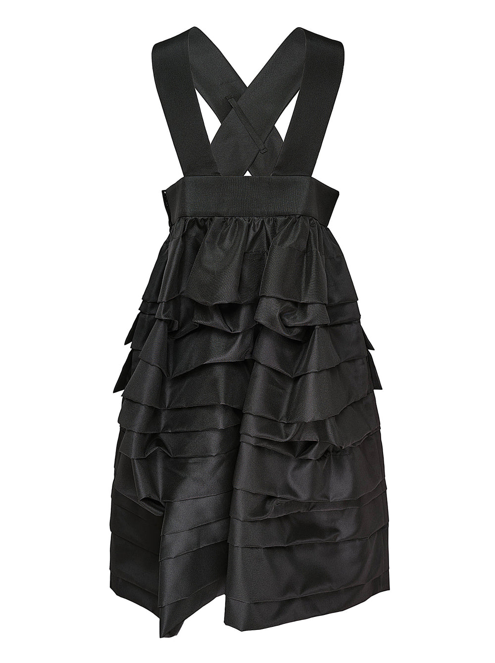 Comme des Garçons Comme des Garçons black crossover pinafore with cascading tiered ruffle skirt and structured waistband, shown from the back against a white background - view 2