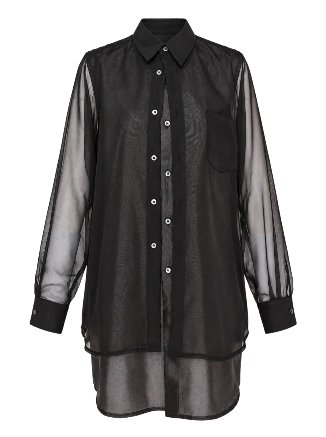 Black layered sheer long-sleeve shirt with pointed collar, white buttons, chest pocket and extended underlayer hem, shown on a white background