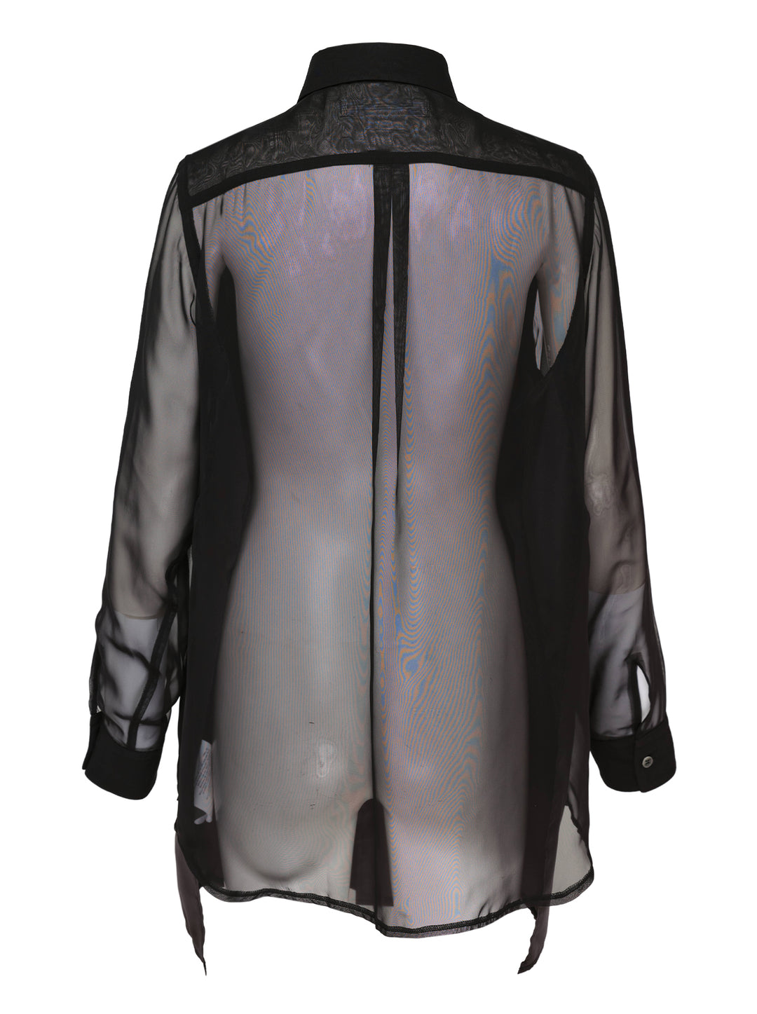 Black layered sheer long-sleeve shirt with pointed collar, white buttons, chest pocket and extended underlayer hem, shown on a white background - view 2