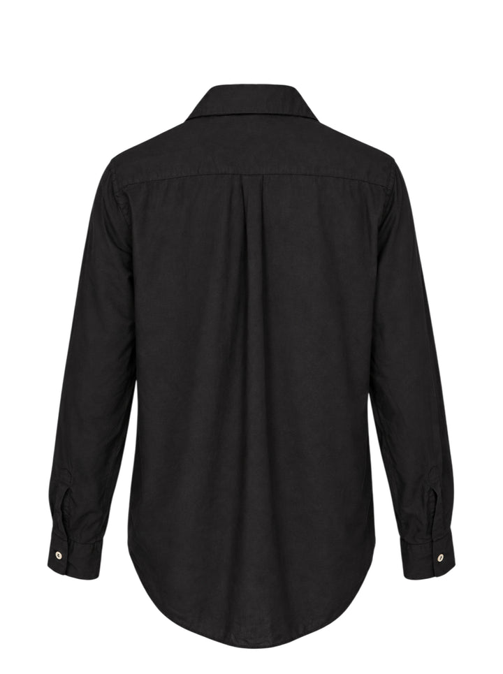 Black pleated button-down shirt with rounded collar, pale buttons and frayed pleated hem by Comme des Garçons Comme des Garçons - view 2