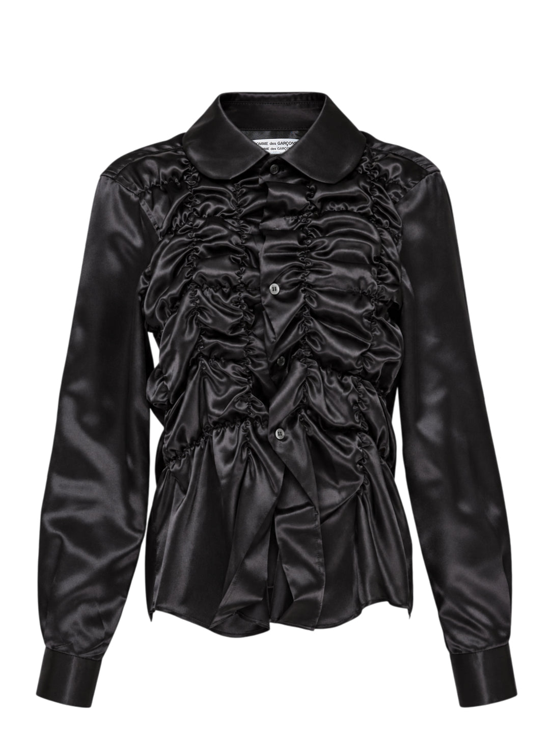 Black satin long sleeve blouse with a round collar and ruched gathered front bodice by Comme des Garçons Comme des Garçons