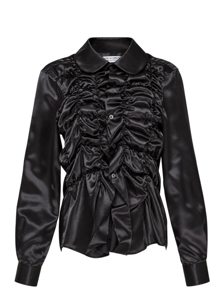 Black satin long sleeve blouse with a round collar and ruched gathered front bodice by Comme des Garçons Comme des Garçons