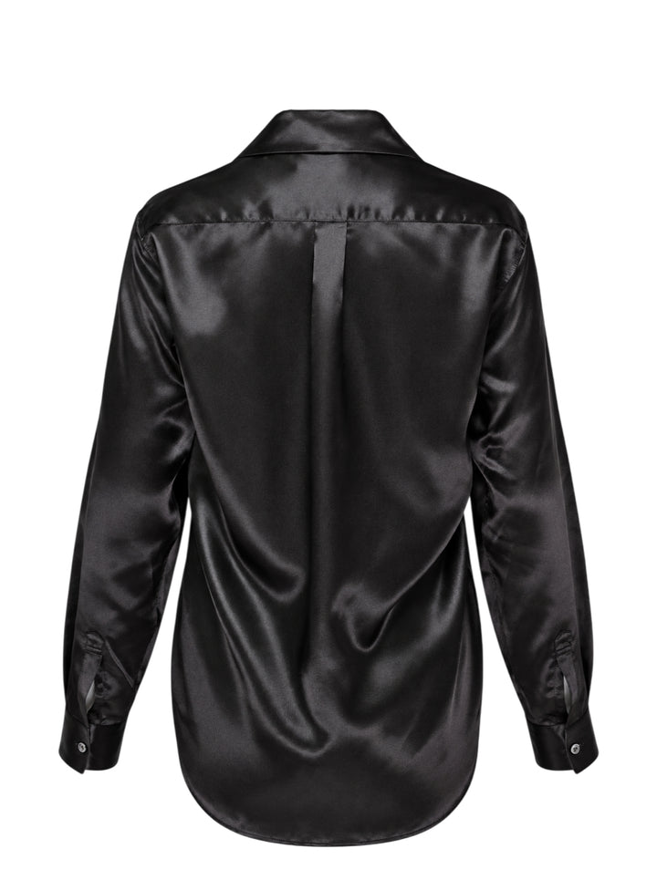 Black satin long sleeve blouse with a round collar and ruched gathered front bodice by Comme des Garçons Comme des Garçons - view 2