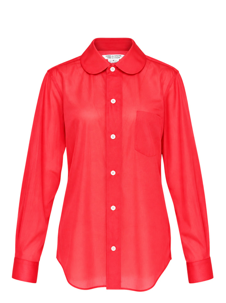 Red semi-sheer long-sleeve button-down shirt with a rounded collar, white buttons and a chest pocket by Comme des Garçons Comme des Garçons