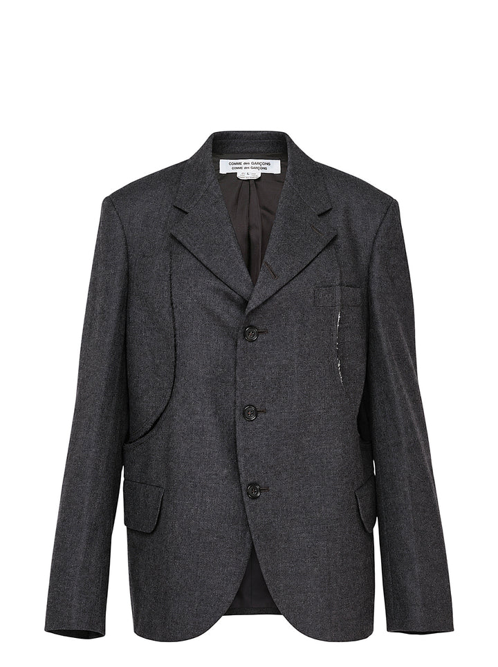 Comme des Garçons Comme des Garçons charcoal grey single-breasted tailored blazer with deconstructed double-lapel detail and three-button closure, styled flat on a white background