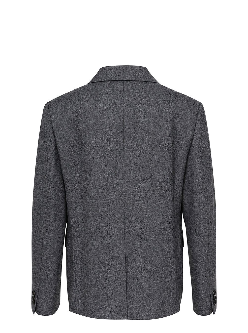 Comme des Garçons Comme des Garçons single-breasted tailored blazer in mid-grey mélange wool, featuring notched lapels, three-button closure, chest welt pocket, and twin flap hip pockets, shown flat on a white background. - view 2