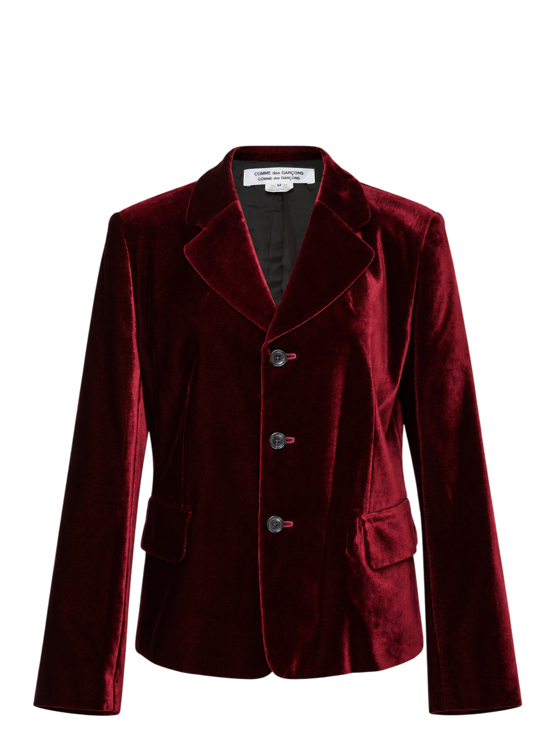 Burgundy velvet fitted button-up blazer with notch lapels, three buttons and flap pockets by Comme des Garçons Comme des Garçons