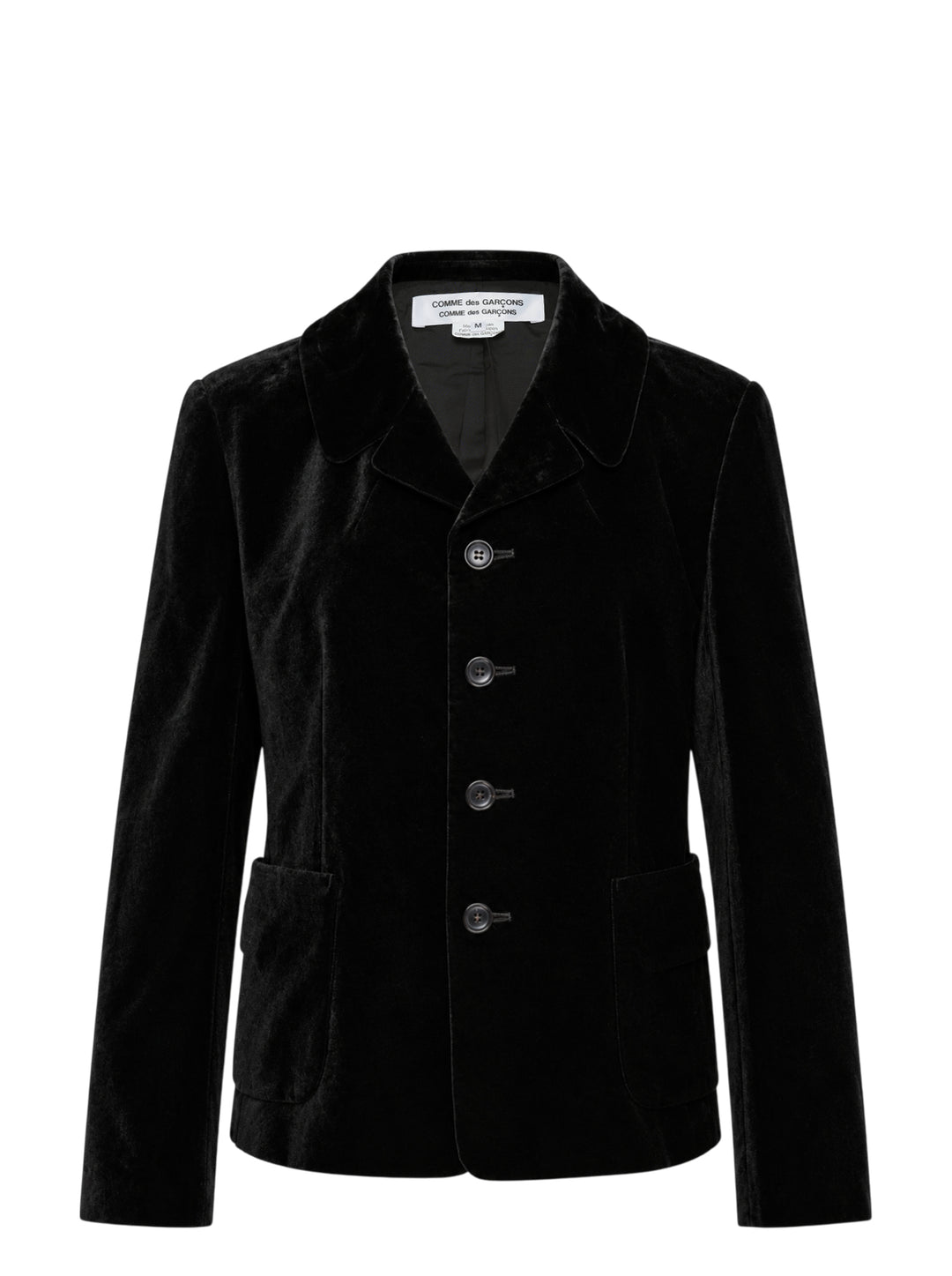 Black velvet tailored jacket with rounded collar, four-button front and two patch pockets by Comme des Garçons Comme des Garçons