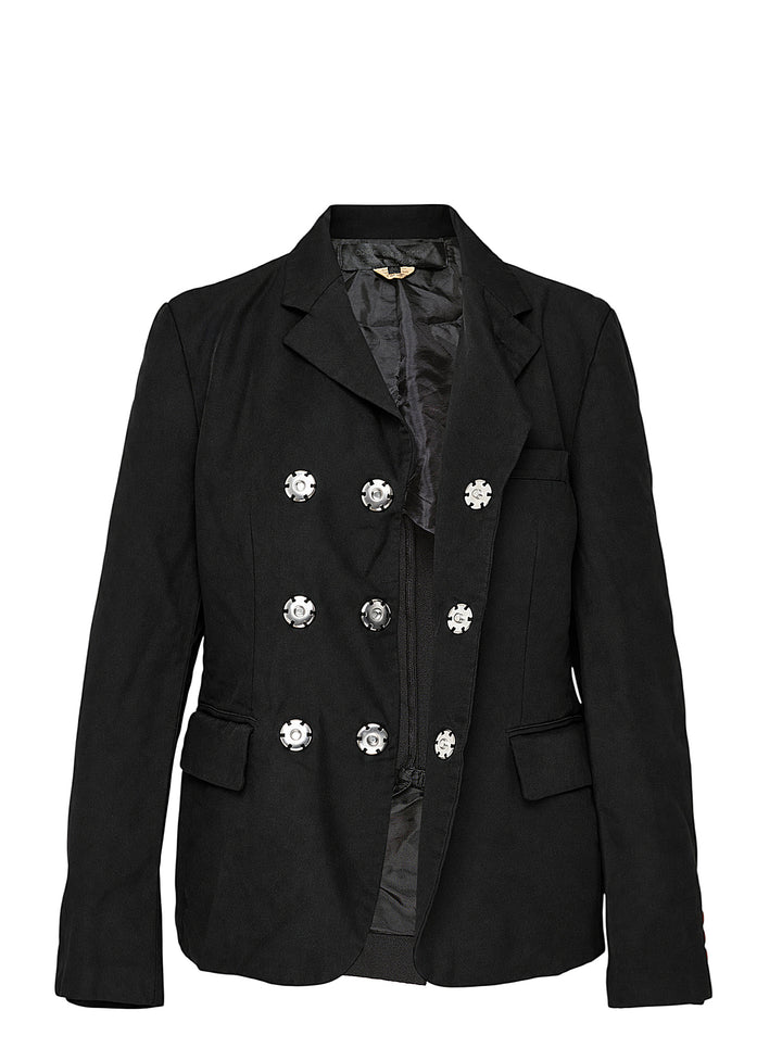 Comme des Garçons Comme des Garçons black tailored single-breasted blazer with notched lapels, three-button closure, chest welt pocket, and flap pockets at the hem, displayed flat on a white background. - view 2