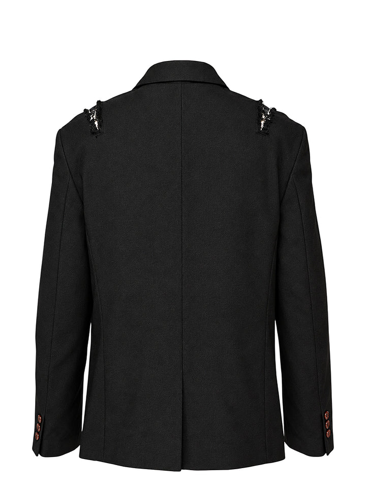 Comme des Garçons Comme des Garçons black deconstructed single-breasted blazer with cross-body harness buckle strap, frayed shoulder trim, and contrast brown buttons, shown on a flat lay against a white background - view 2