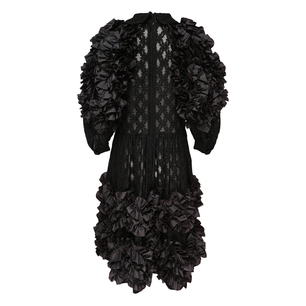 Comme des Garçons Comme des Garçons black diamond lace midi dress with voluminous puffed sleeves and layered satin ruffle trim on sleeves and hem, front view on white background - view 2
