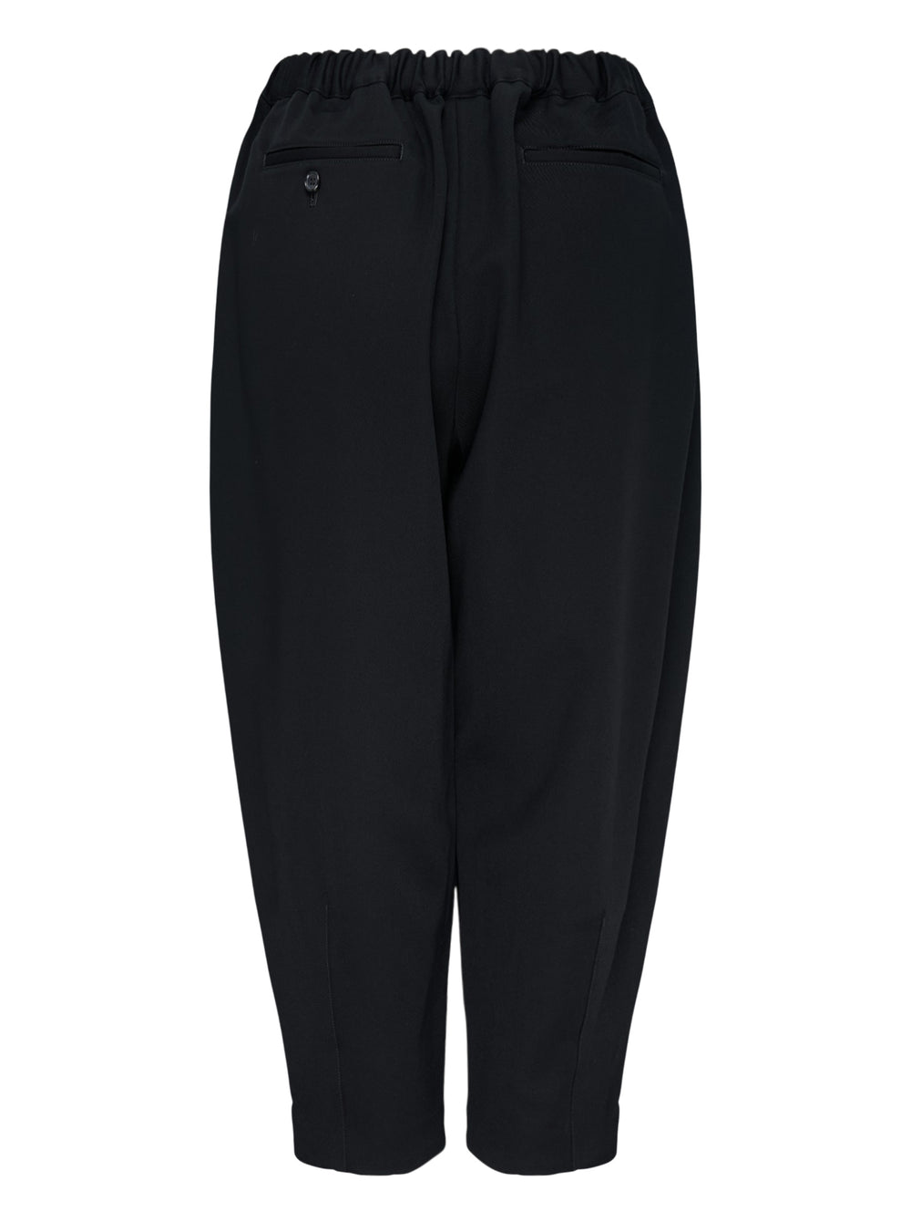Comme des Garçons Comme des Garçons black tapered cocoon pants with elasticated ruched waistband and cropped narrow hem, front view - view 2